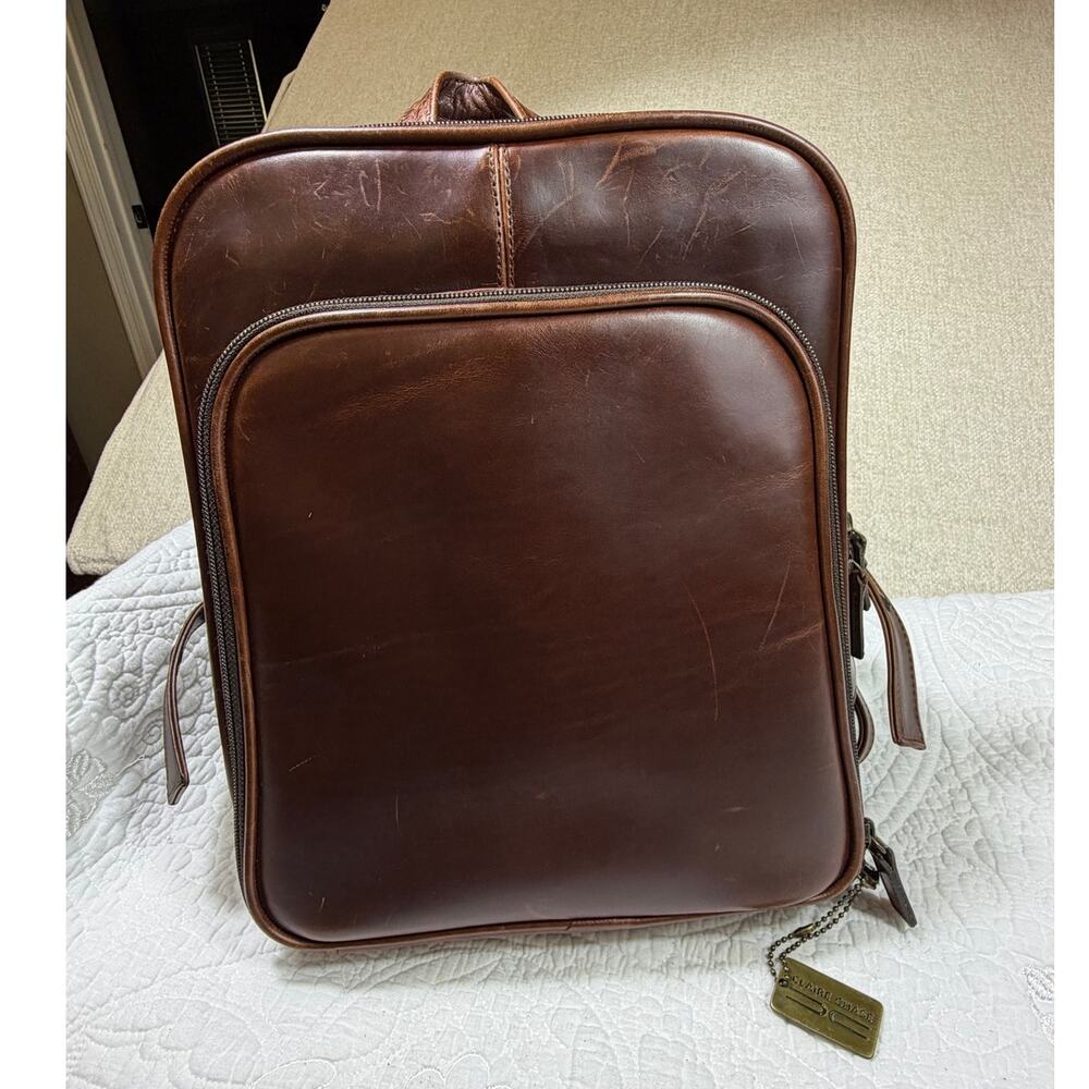 Claire Chase Women Brown Leather Travel Backpack Carryall Laptop Bag Purse